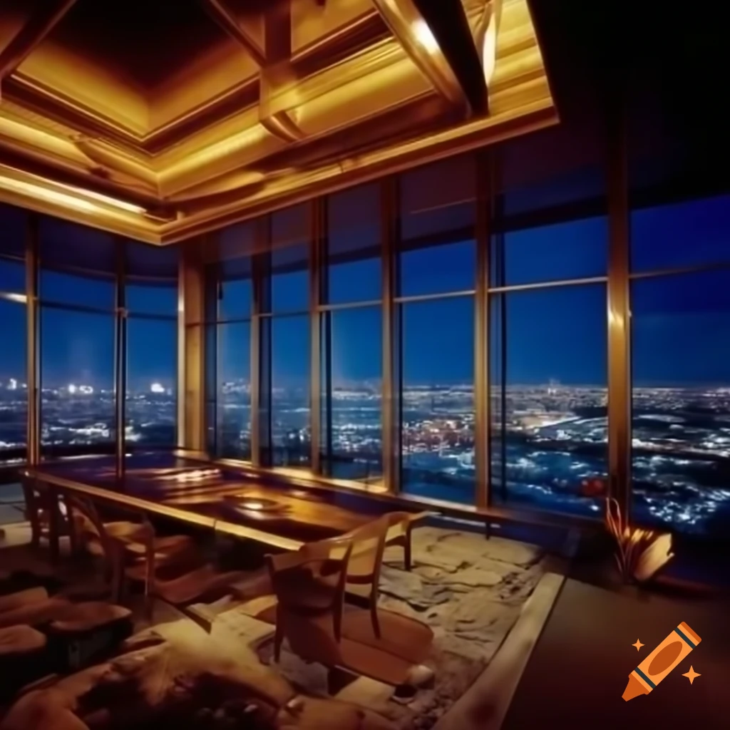 80s Miami mansion interior in gold and black with city view at night