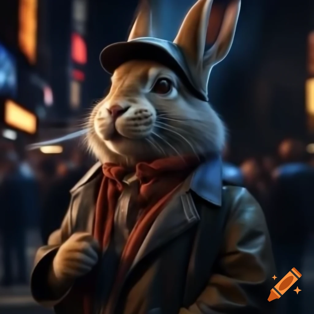 Anthropomorphic rabbit in hipster style smoking a cigarette at Times Square at night