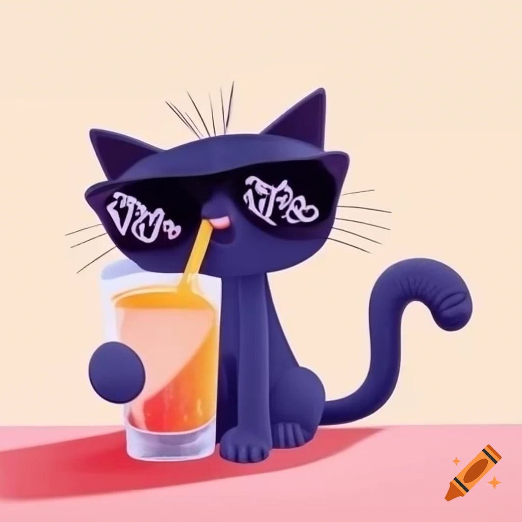 Cartoon of black cat wearing sunglasses and drinking a beverage