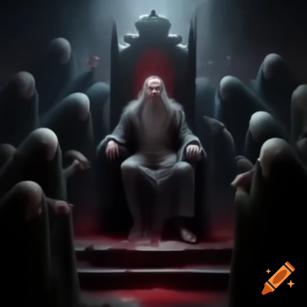 Bleeding king on tarnished throne amidst shadowy figures of betrayers