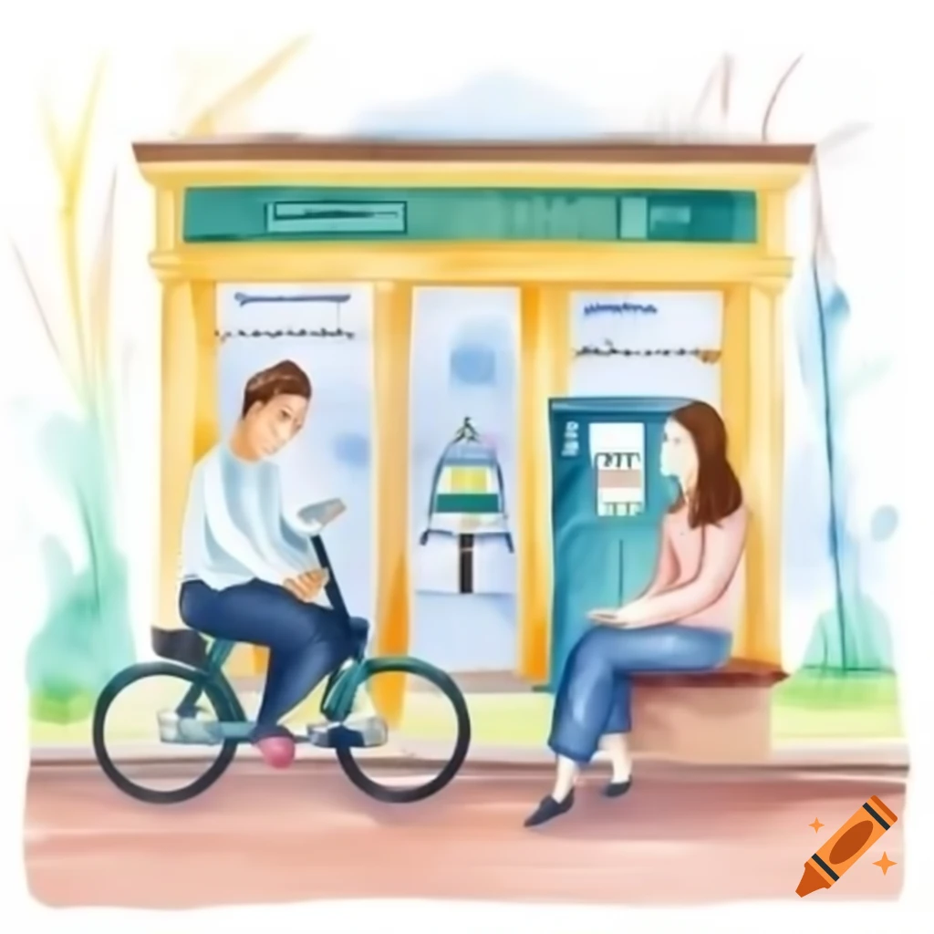 Man and woman waiting for train with bike nearby, modern attire, 2020