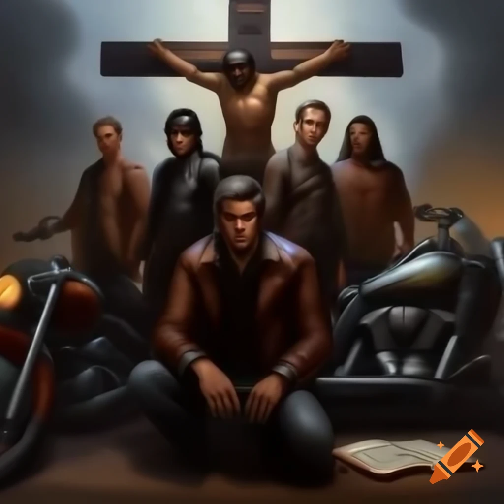 Group of five leather-clad men kneeling beside a motorcycle holding a bible in front of a cross