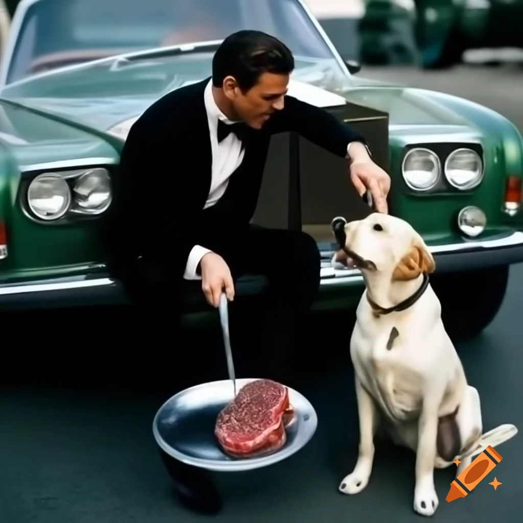 Mechanic in tuxedo working on green 1969 Rolls Royce with labrador retriever enjoying Wagyu steak