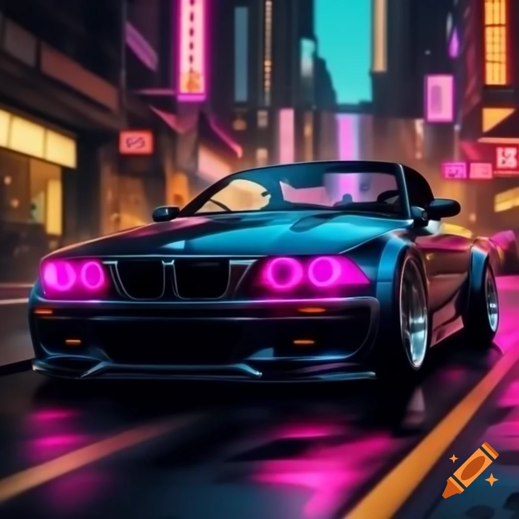 Futuristic 1999 BMW 3 Series convertible with cybernetic elements in vivid neon colors