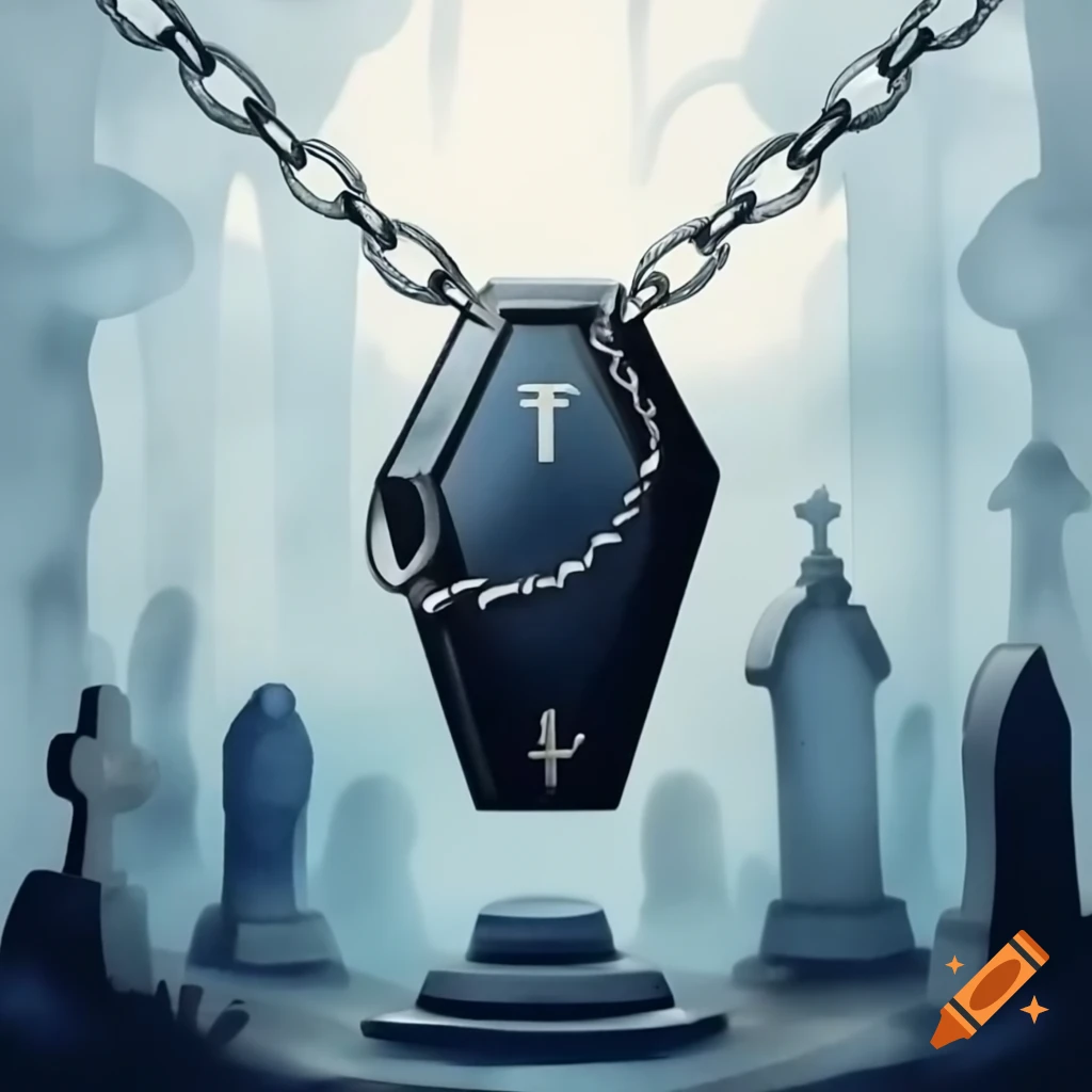 Silver chain and miniature obsidian coffin in misty graveyard with mausoleum