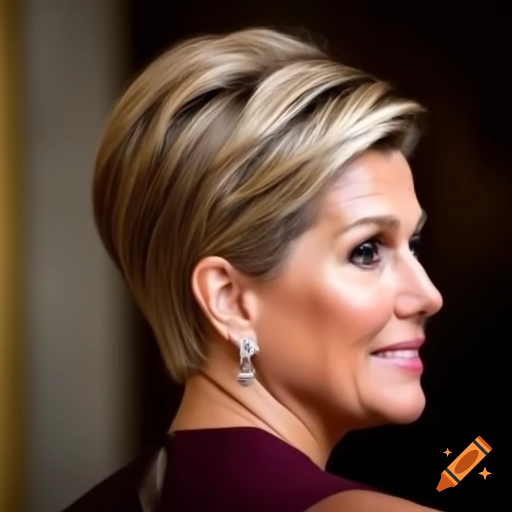 Queen Maxima showcasing a bold short pixie cut, side and rear view