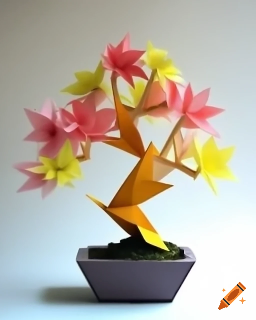 Origami bonsai tree with flowers in papercraft style