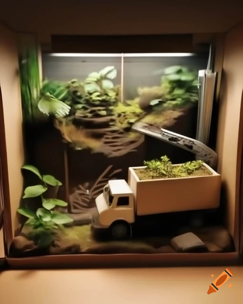 Miniature diorama with truck transporting plants inside a box