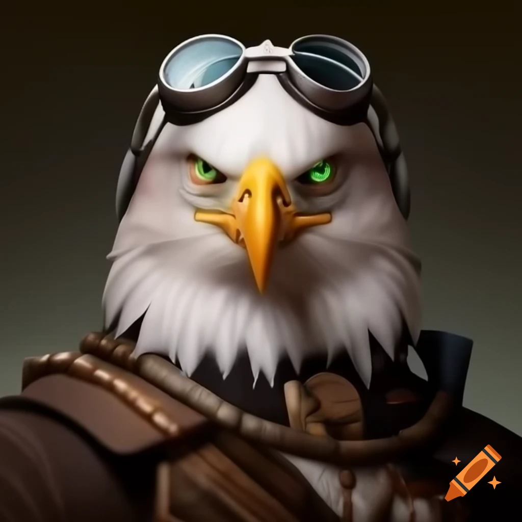 Humanoid bald eagle in vintage outfit and goggles