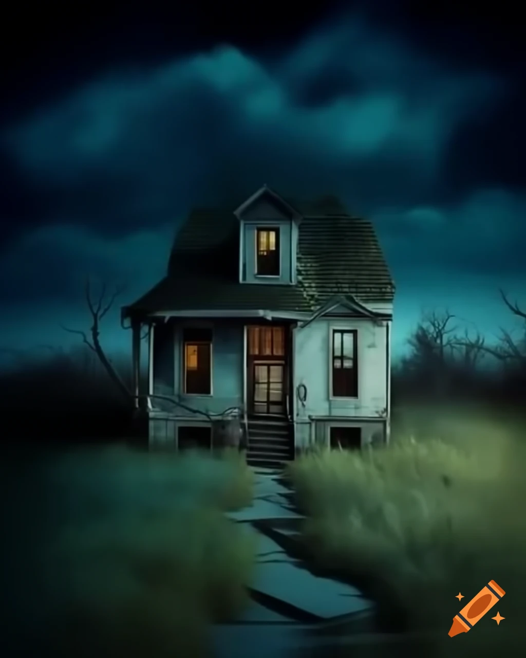 Dark abandoned house with broken windows and creeping vines
