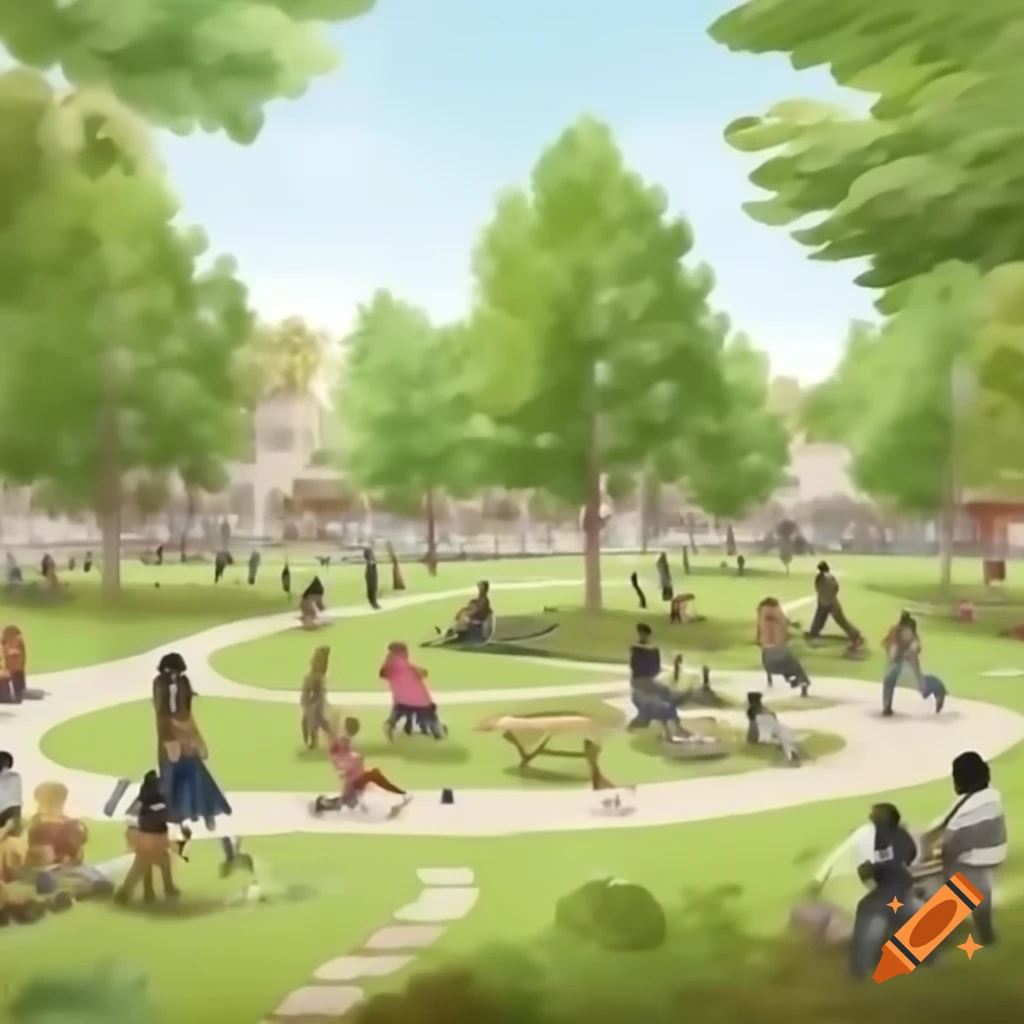 Community park scene with people of all ages playing and socializing