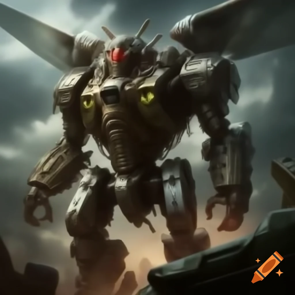 Giant armored mechanical flying robot with hornet features and glowing magic in cloudy sky