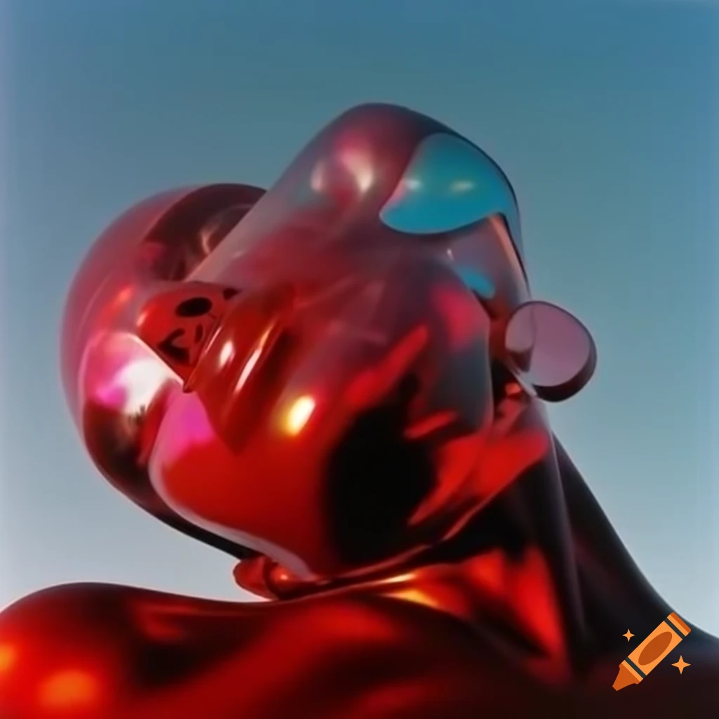 Pop surreal photography featuring iridescent red glass statue