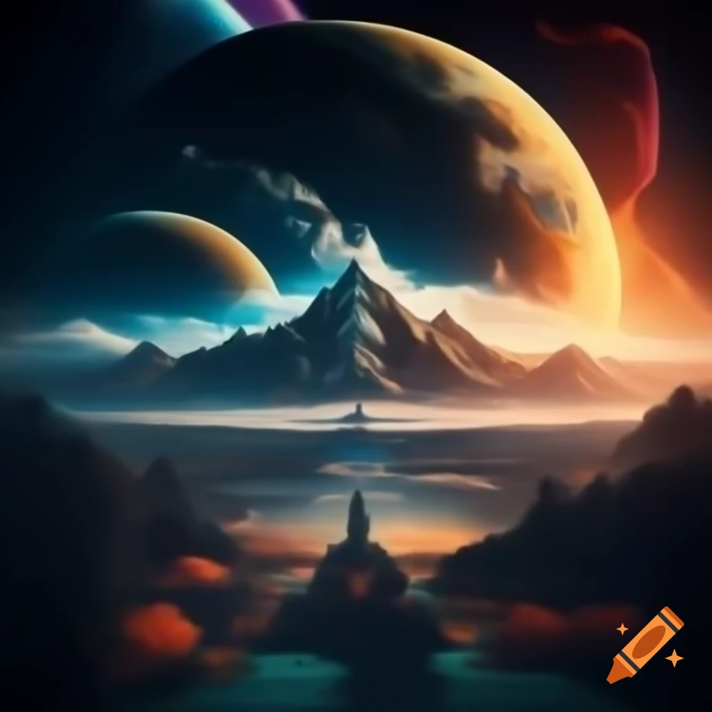 Surreal cosmic landscape with dreamlike elements in digital illustration
