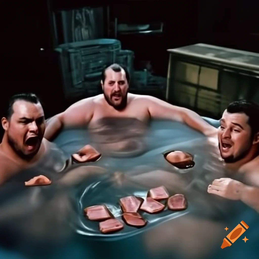 Group of men enjoying a hot tub with delicious pork chops