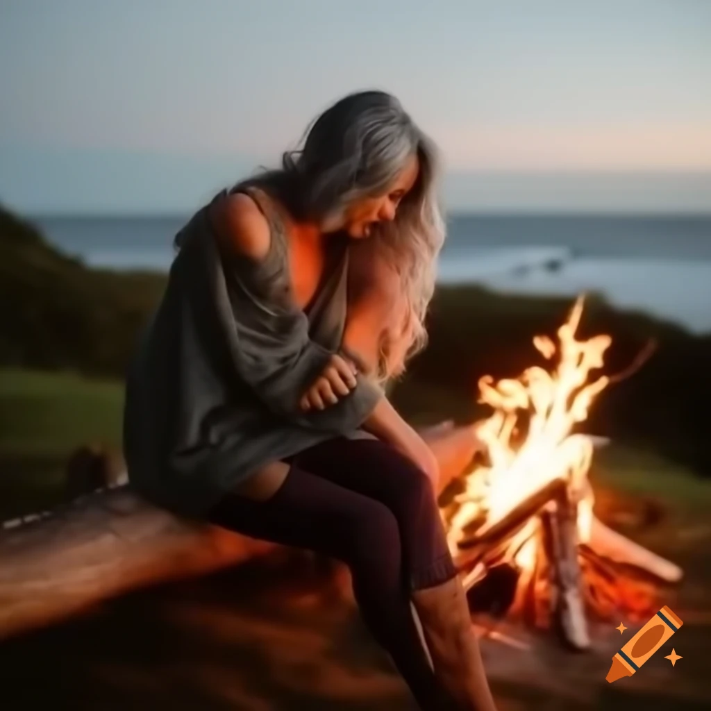 Senior woman with grey hair sitting by campfire on log near ocean at dusk
