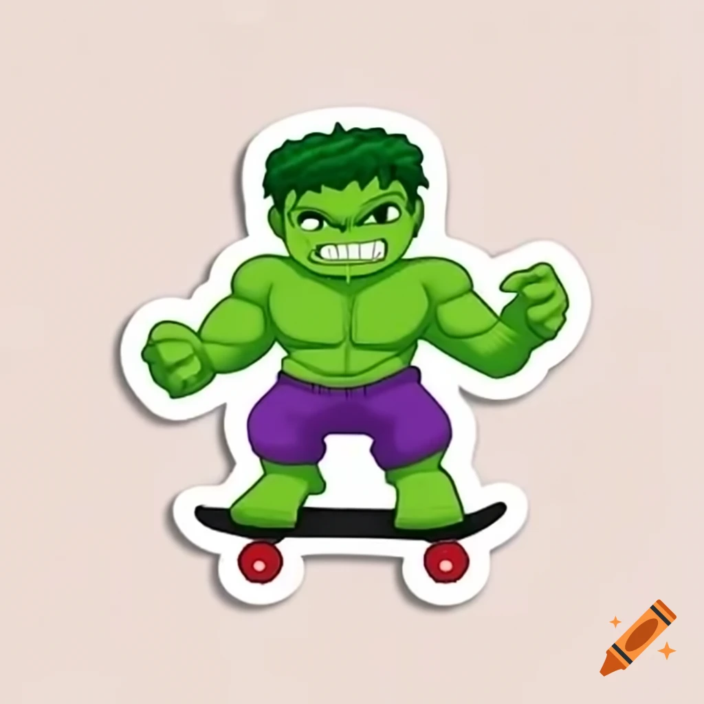 Cartoon sticker of Hulk character skateboarding