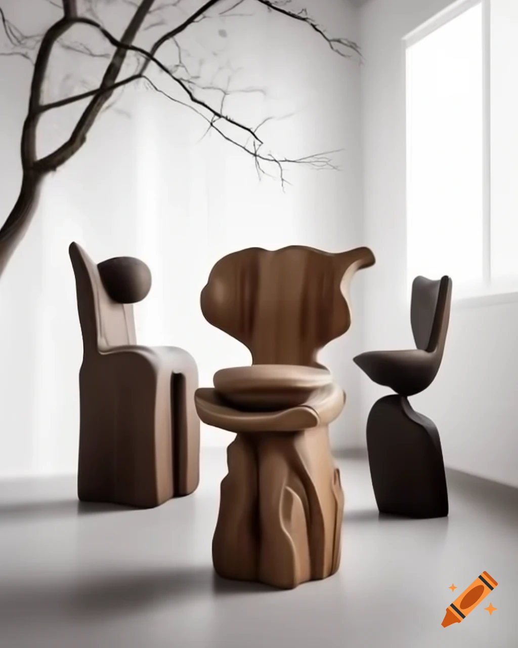 Whimsical dark wood chair illuminated in white room, surreal abstract design