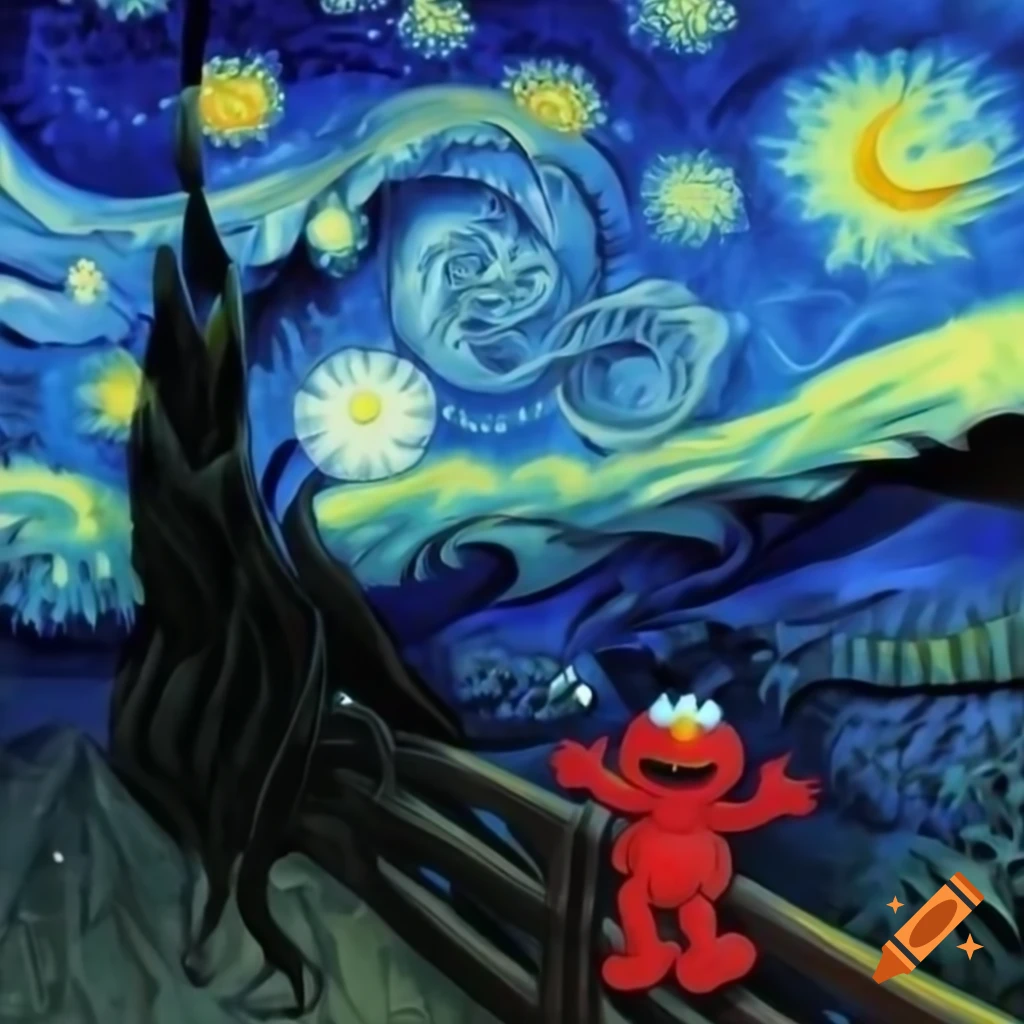 Starry night by Van Gogh featuring Elmo and Cookie Monster