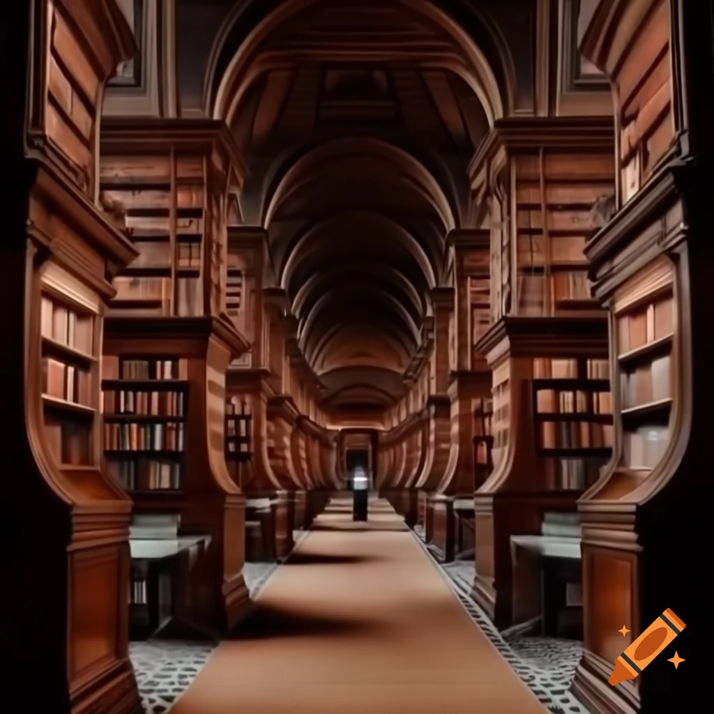 Impressionist painting of elegant bookshelves in a grand library