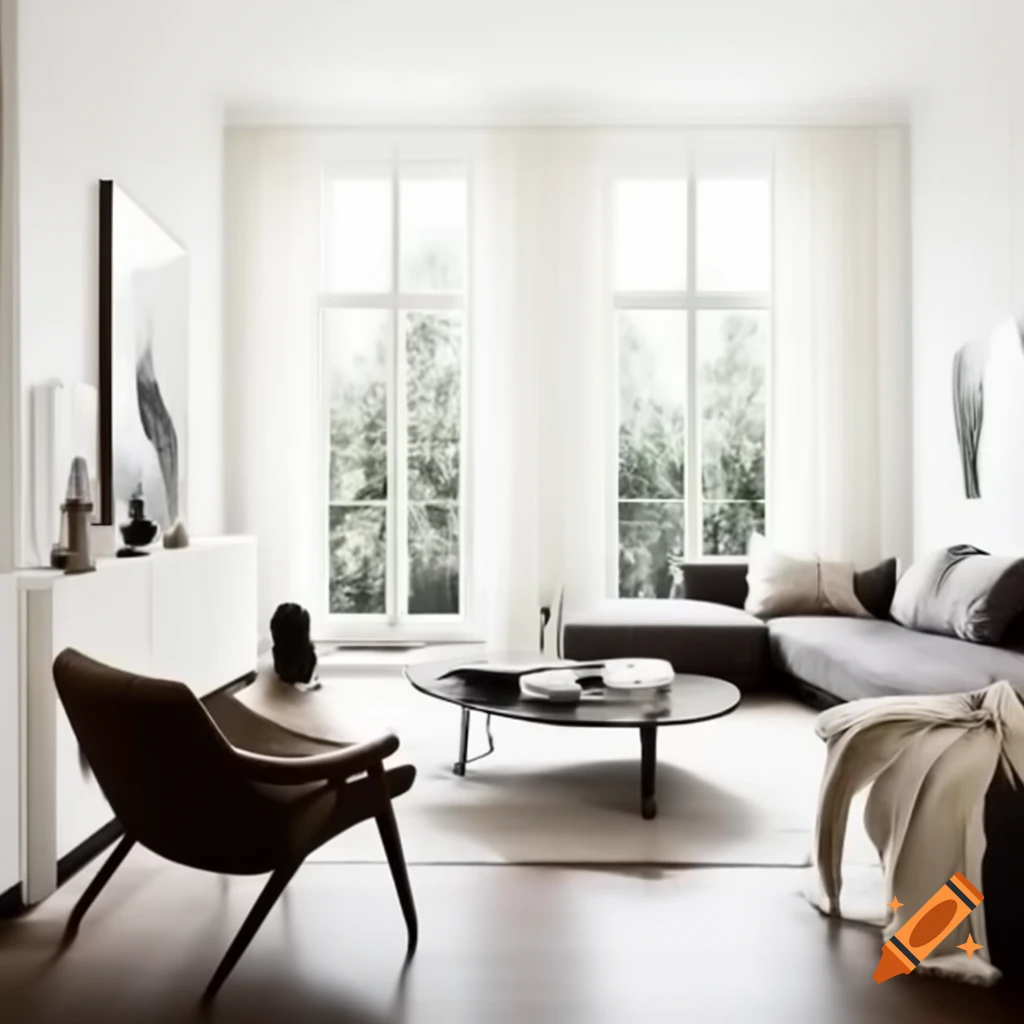 Elegant minimalist living room with neutral tones and natural light
