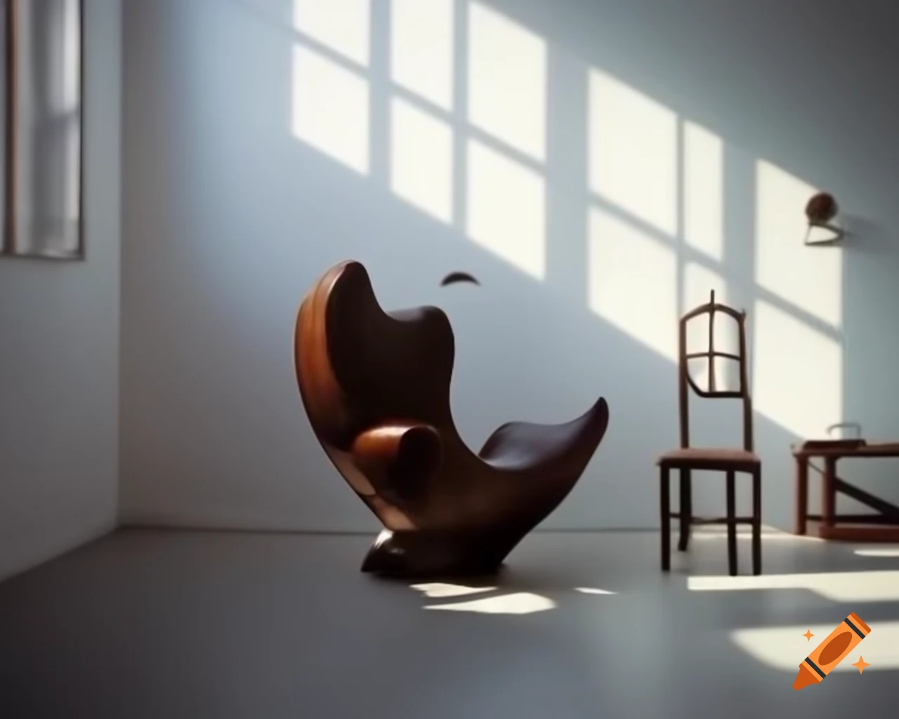 Whimsical abstract wooden chair in stark white room with light