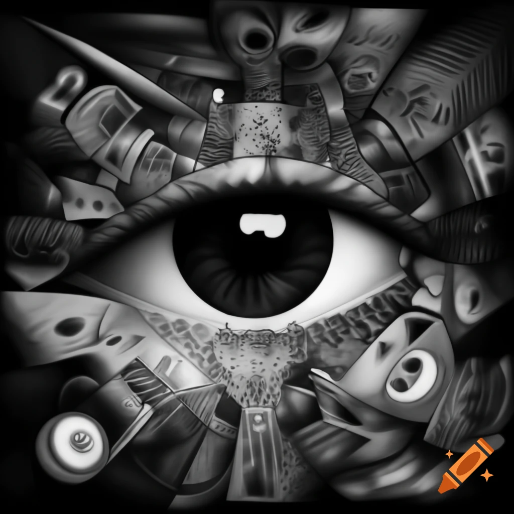 Surreal illustration of a large eye in black and white collage style