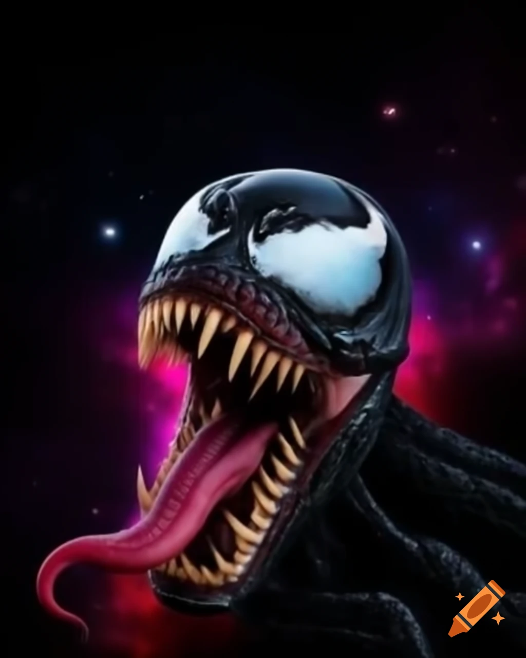 Fictional creature resembling Venom with galaxy-colored body, red eyes, and claws