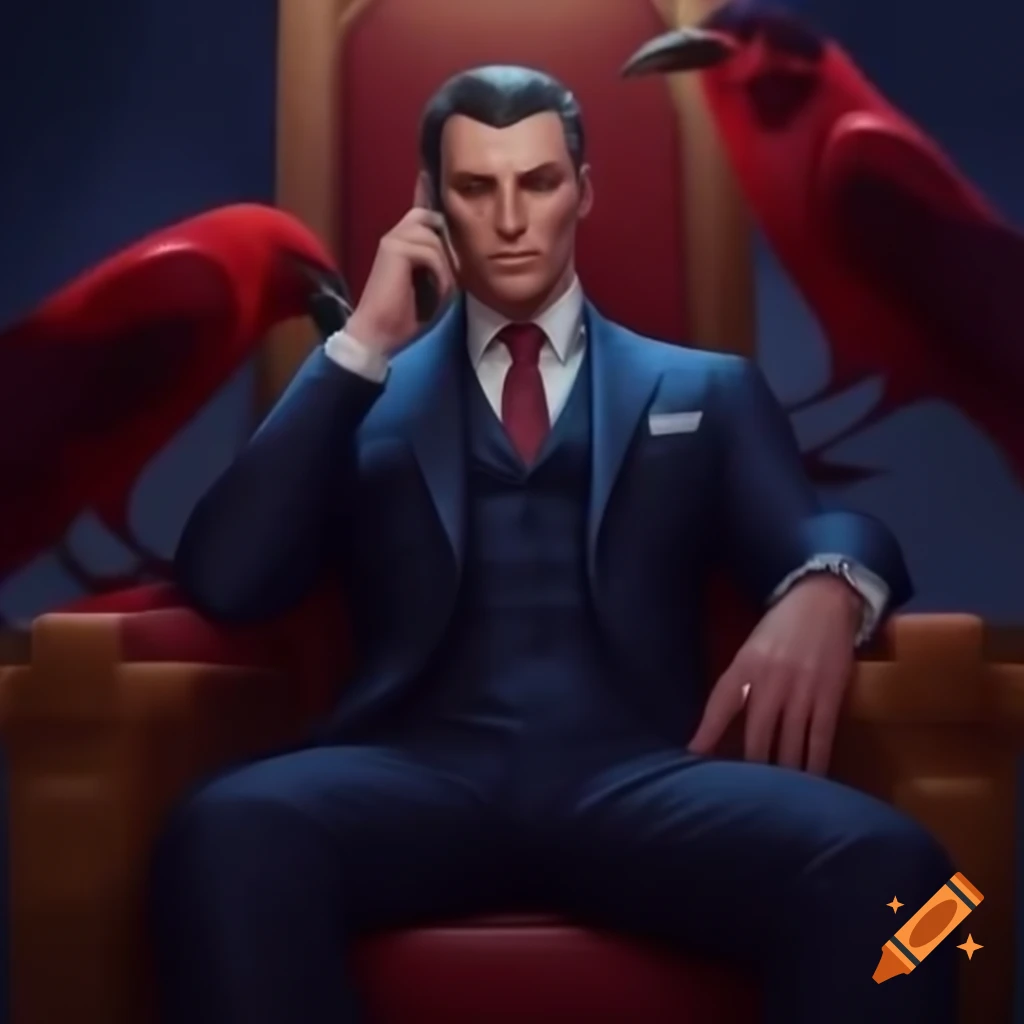 Man in suit sitting on throne with red raven on phone