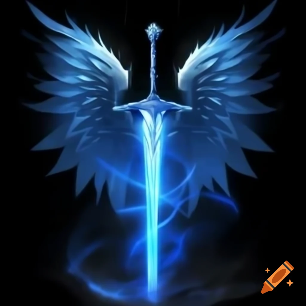 Magic winged glowing blue sword on craiyon