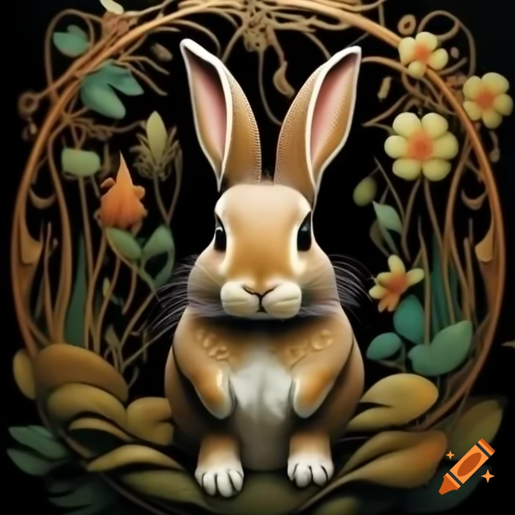 Woodland bunny illustrated in Art Nouveau style
