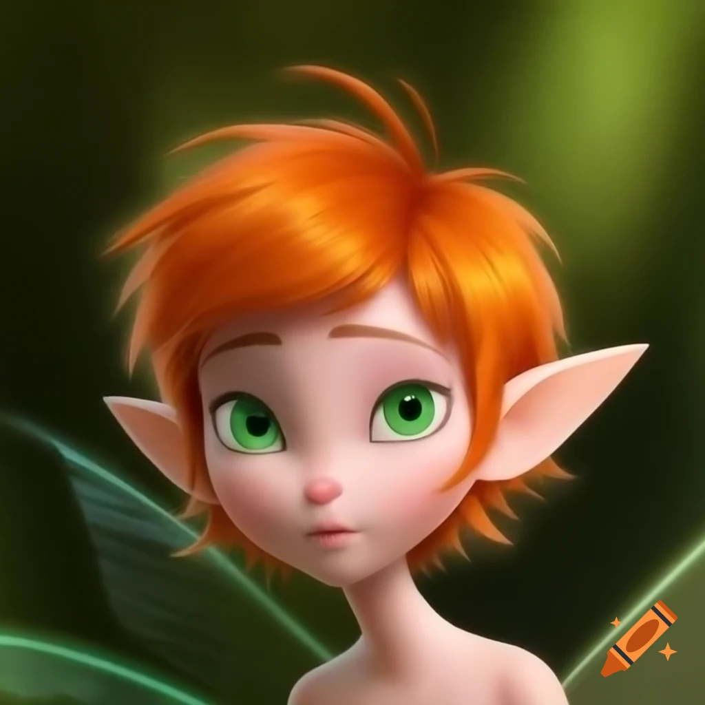 Small female fairy with orange hair, emerald eyes, and horn