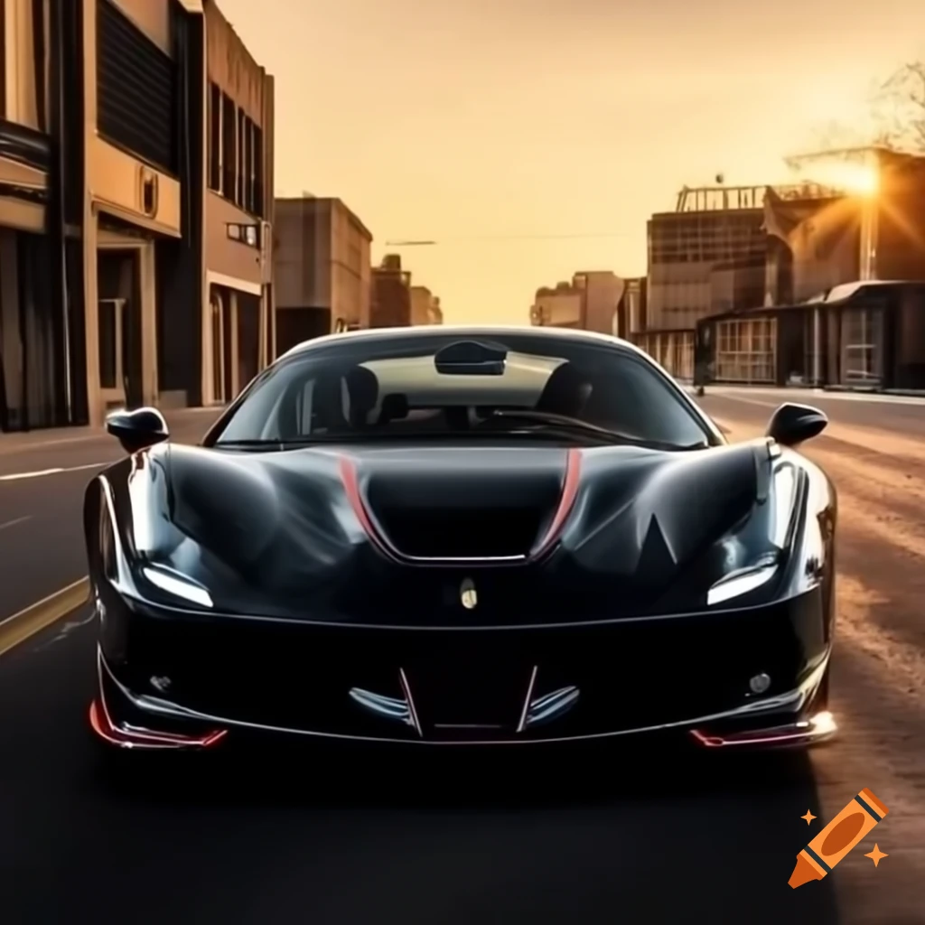 Monkey eating fried chicken while driving Ferrari F40 on empty street at sunset