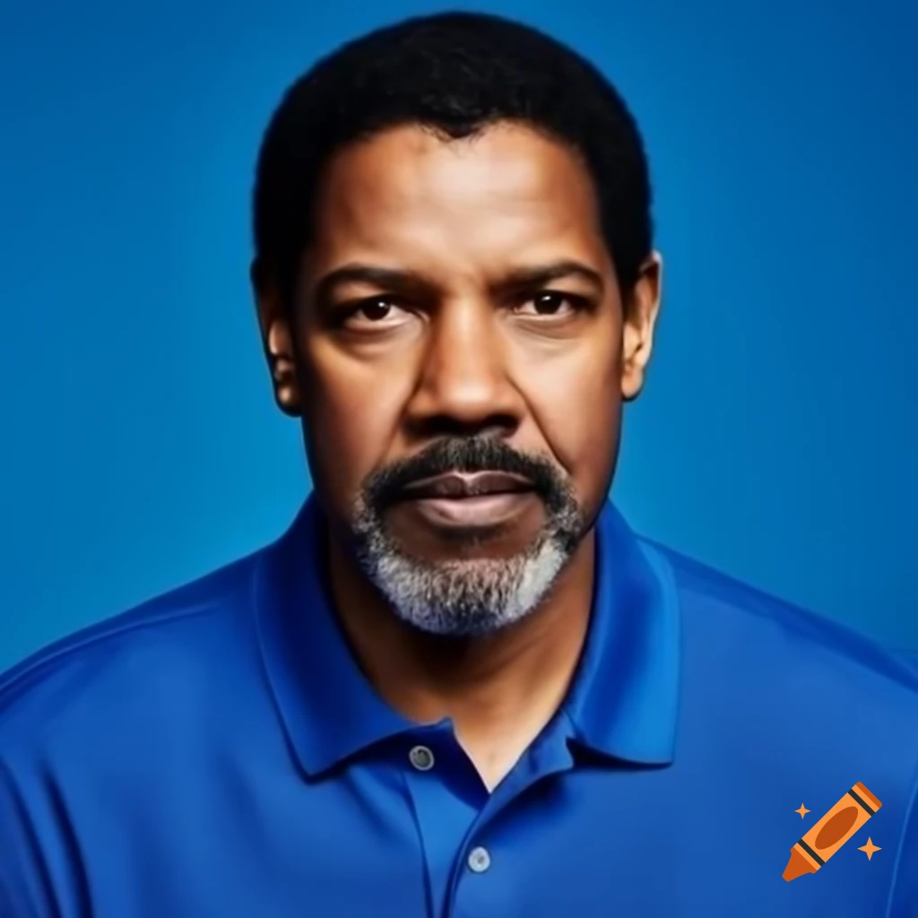 Denzel Washington with a moustache and beard in a blue polo shirt against blue background
