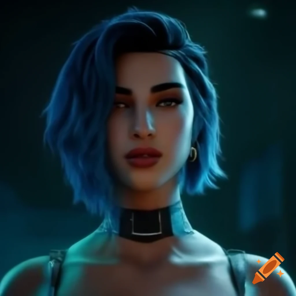 Futuristic cyberpunk woman with shaved sides and ponytail posing in the rain, resembling Dua Lipa