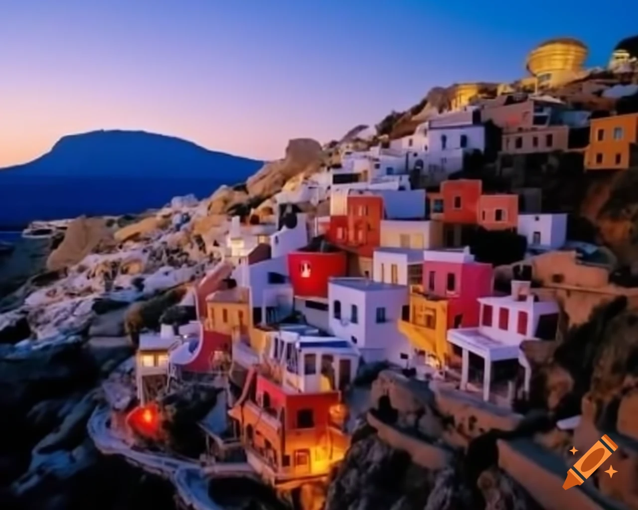 Colorful houses on a mountain in Greece with soft lighting