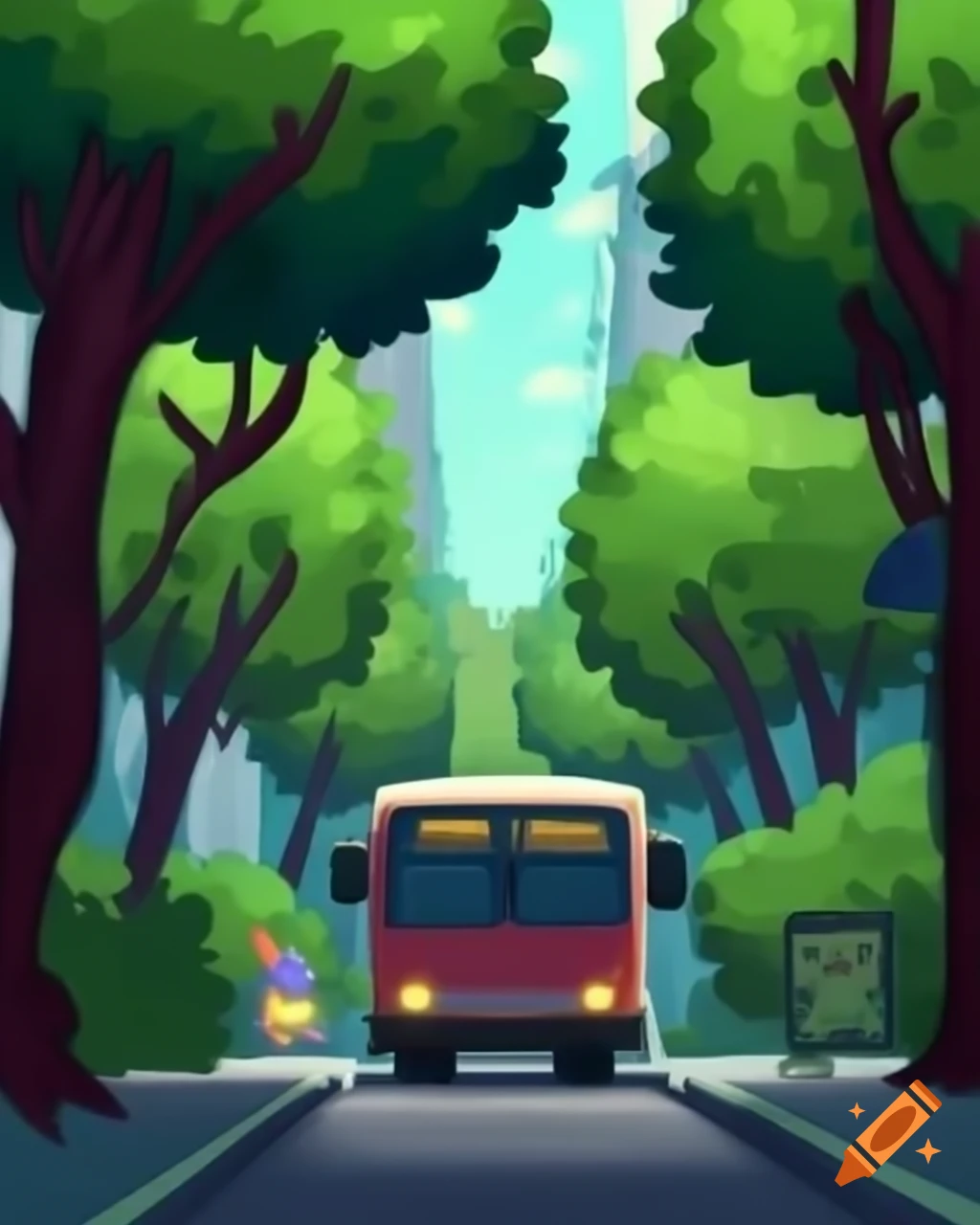 Bus driving through narrow alley lined with trees in Scribblenauts graphics