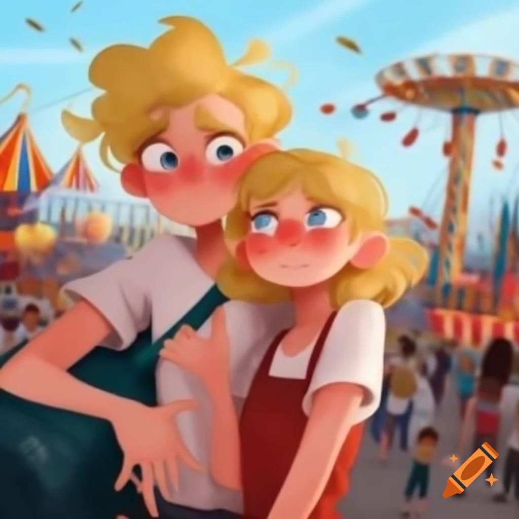 Blonde couple gazing at each other in vibrant amusement park