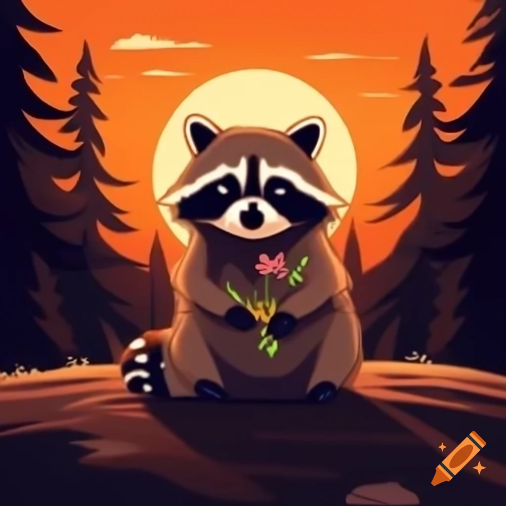Wise-eyed raccoon holding wildflower at sunset in forest