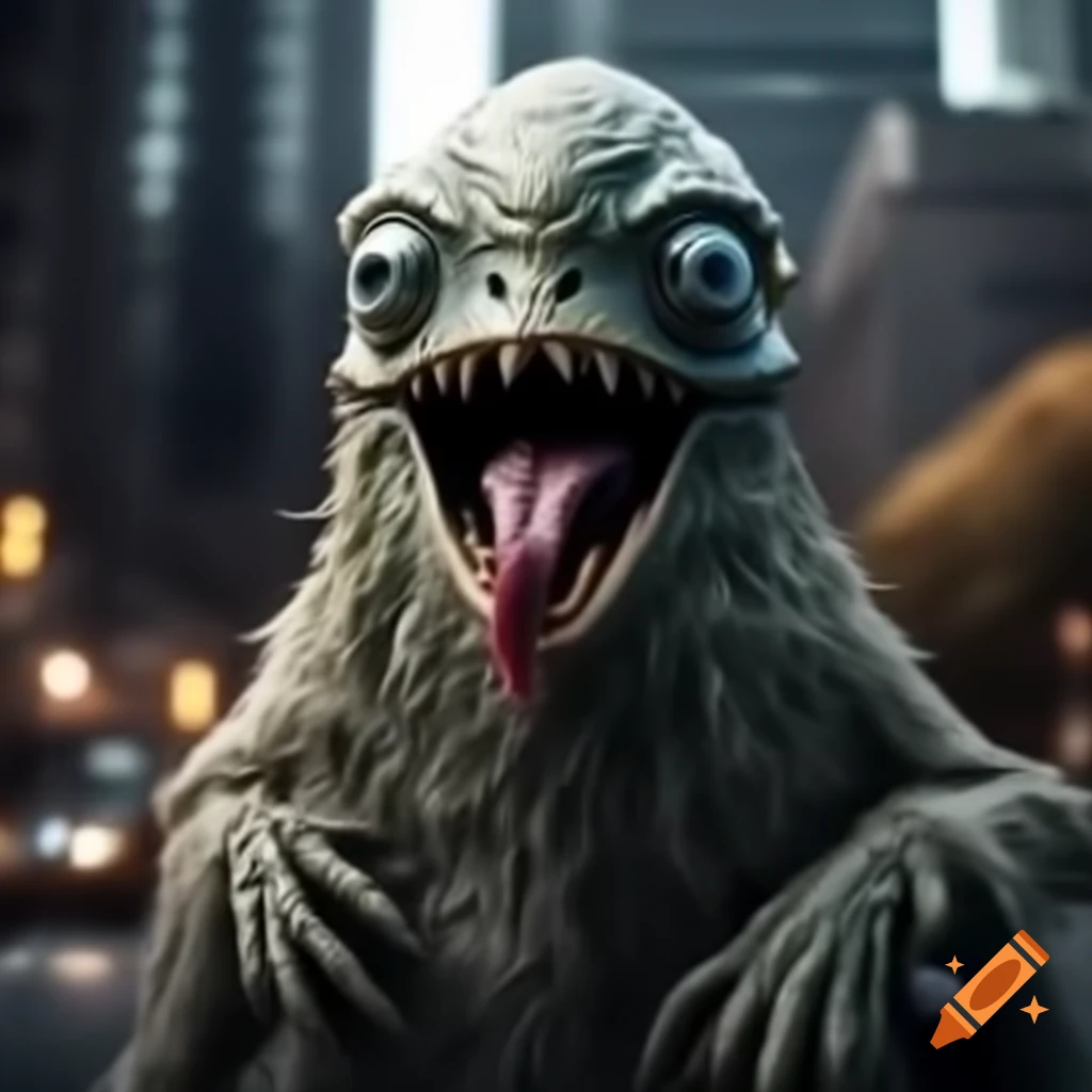 Alien monster with chicken beak invading a city