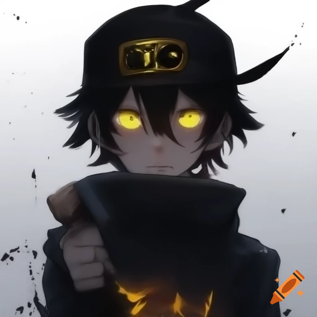 Older anime character Niko with ripped clothes, black headband, glowing yellow eyes, and rusty machete