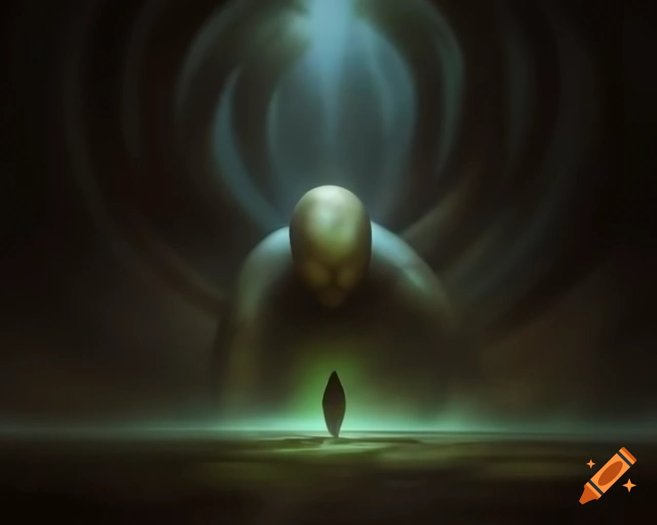 Cryptic figure drawn to glowing runes over ancient tomes in misty atmosphere