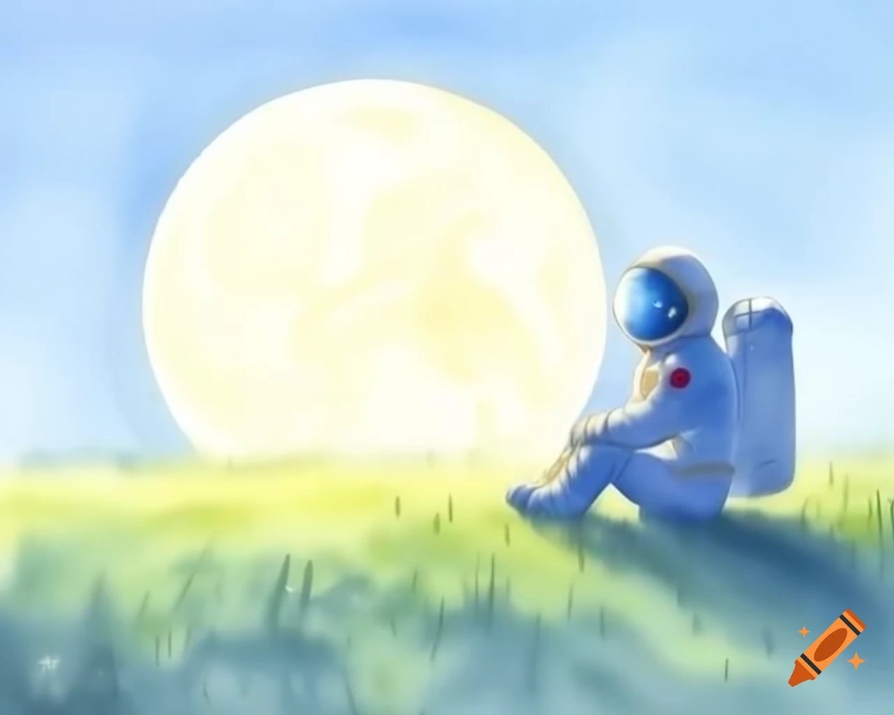 Astronaut sitting in a field watching the full moon with soft lighting