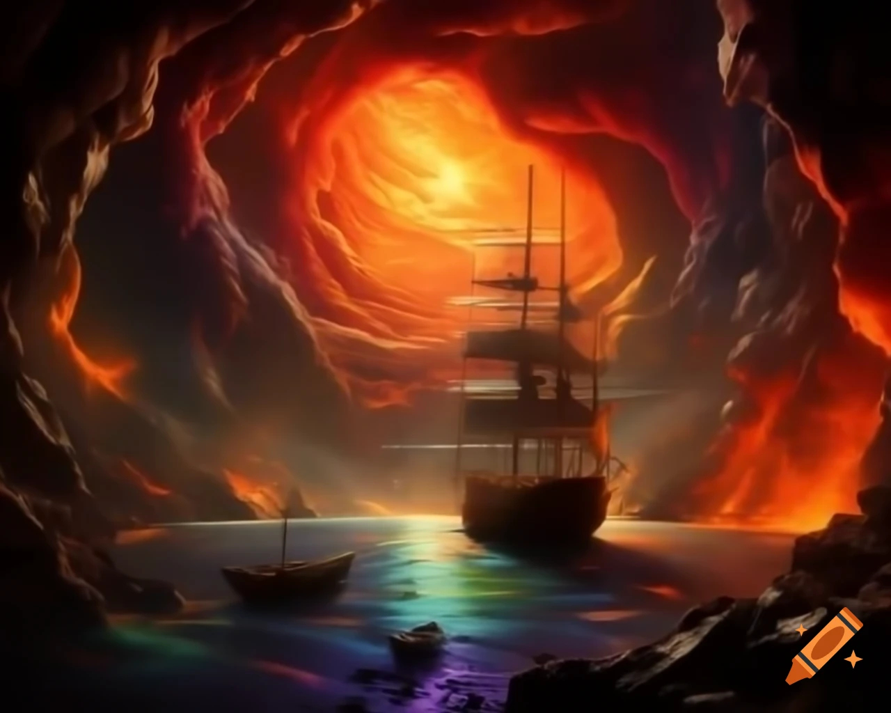 Rainbow illusion in molten cave with volcanic fire