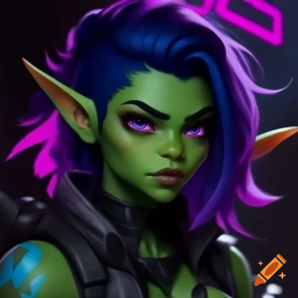 Green skinned goblin girl in black armor in fighting stance anime