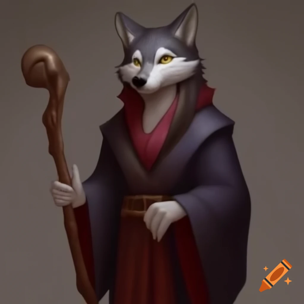 Wolf sorceress in robe holding a staff