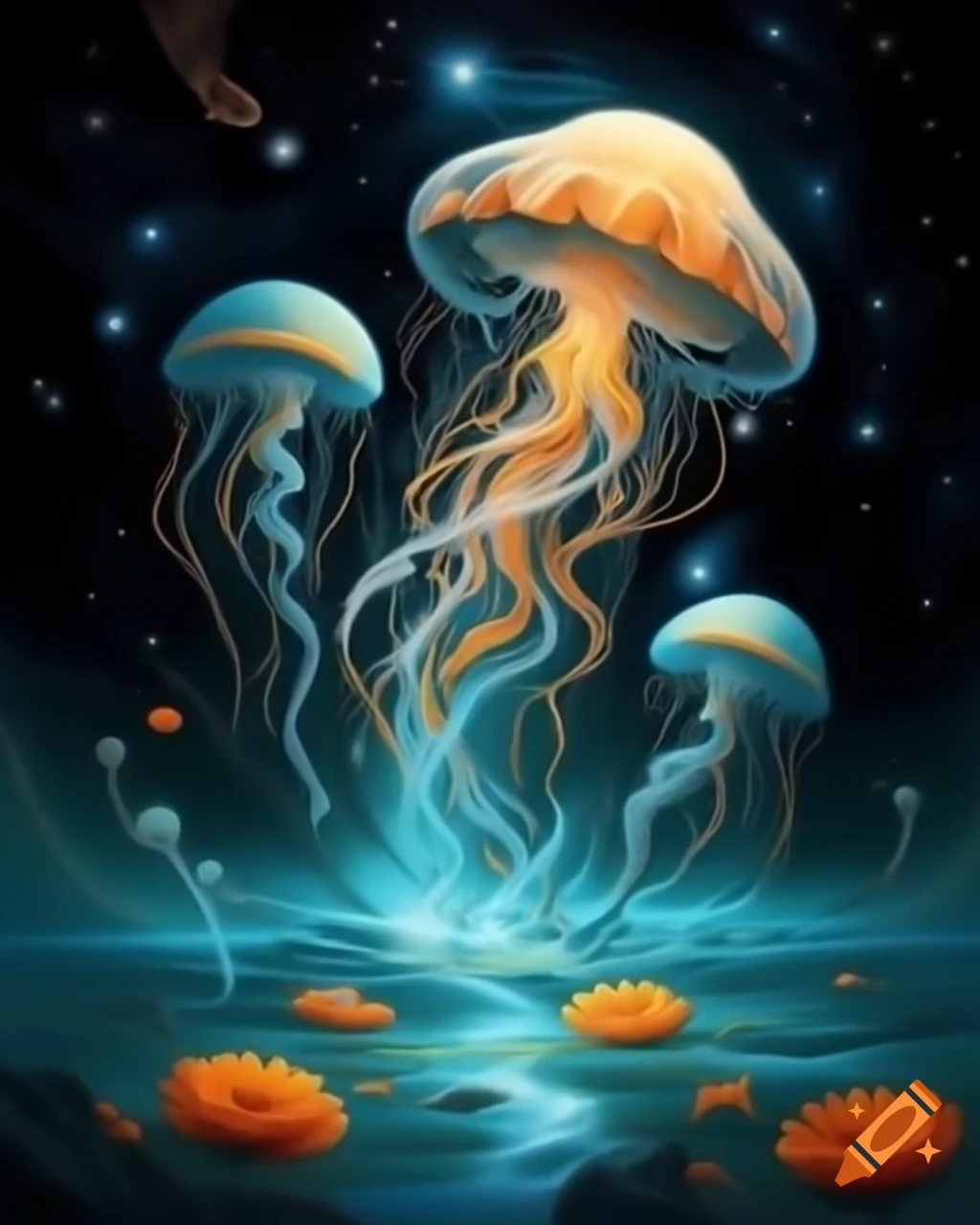 Celestial scene with galactic waters and luminous jellyfish ascending