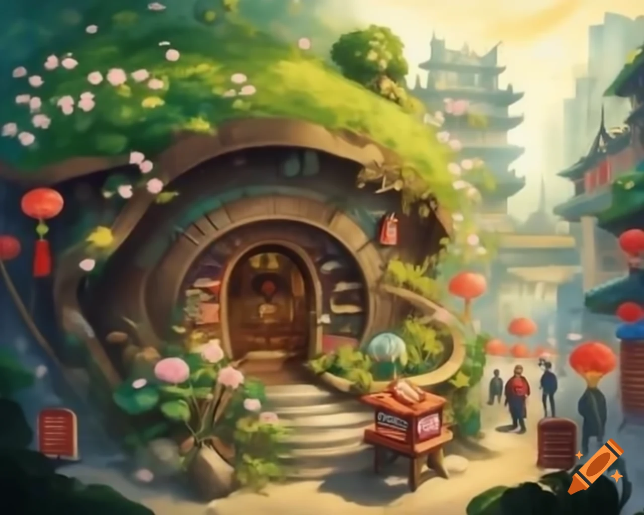 Whimsical hobbit dwelling in bustling Chinatown under blossoming boughs