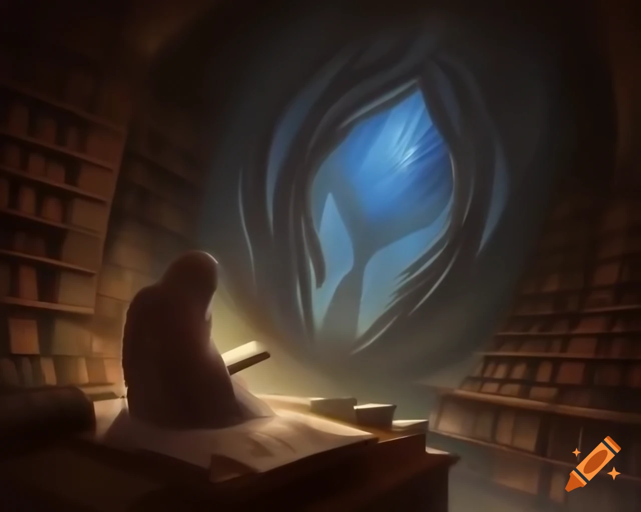 Cloaked figure in ethereal library observing glowing runes amidst swirling mists