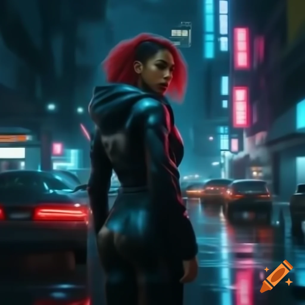 Photorealistic cyberpunk city night scene with confident woman under neon lights